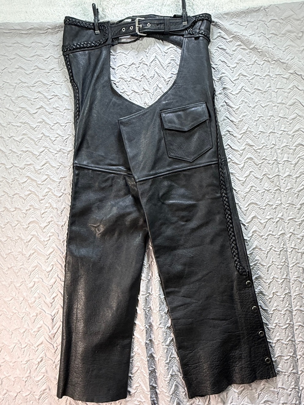Vintage MOB Black Genuine Leather Motorcycle Chaps Size Large Braided Biker